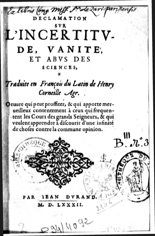 Declamation sur l'incertitude, vanité et abus des sciences