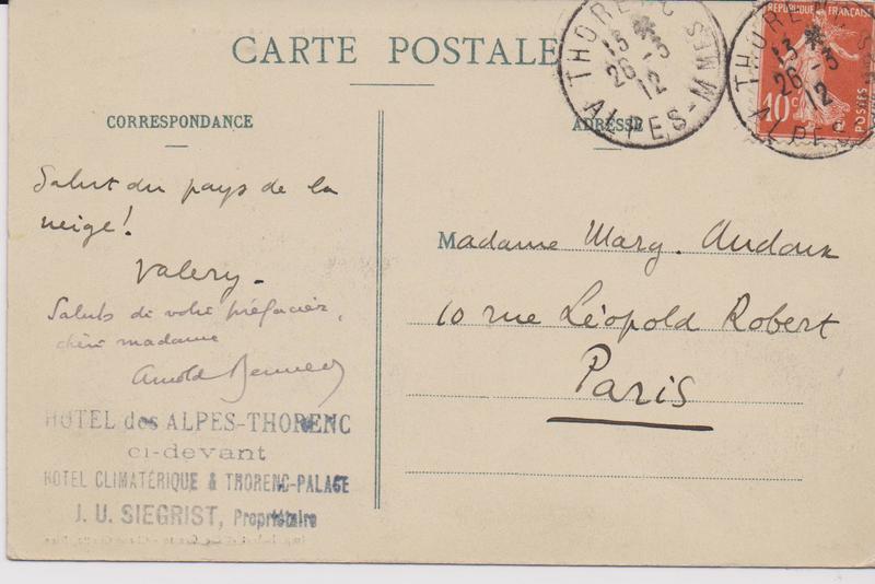 Carte postale de Valery Larbaud et Arnold Bennett à Marguerite Audoux