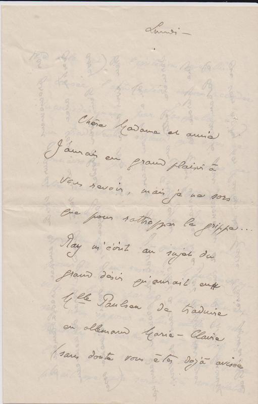 Lettre d'André Gide à Marguerite Audoux