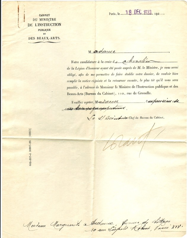 Lettre du Cabinet du Ministre de l'Instruction publique et des Beaux‑Arts à Marguerite Audoux