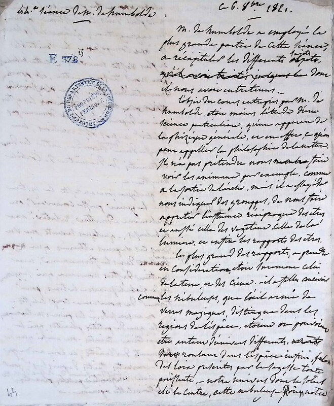 Cours privé de philosophie naturelle donné par Alexander von Humboldt ; 1820-1822