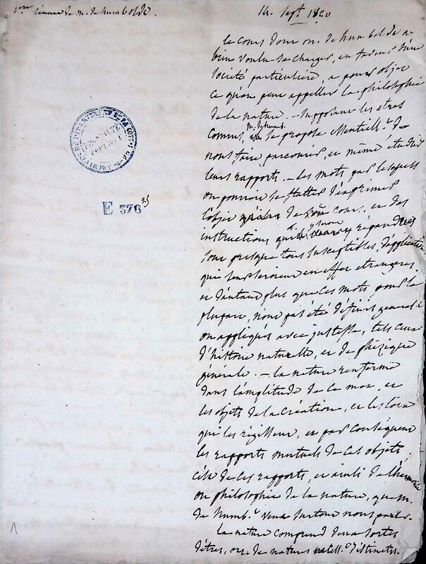 Cours privé de philosophie naturelle donné par Alexander von Humboldt ; 1820-1822 Cours privé de philosophie naturelle donné par Alexander von Humboldt ; 1820-1822