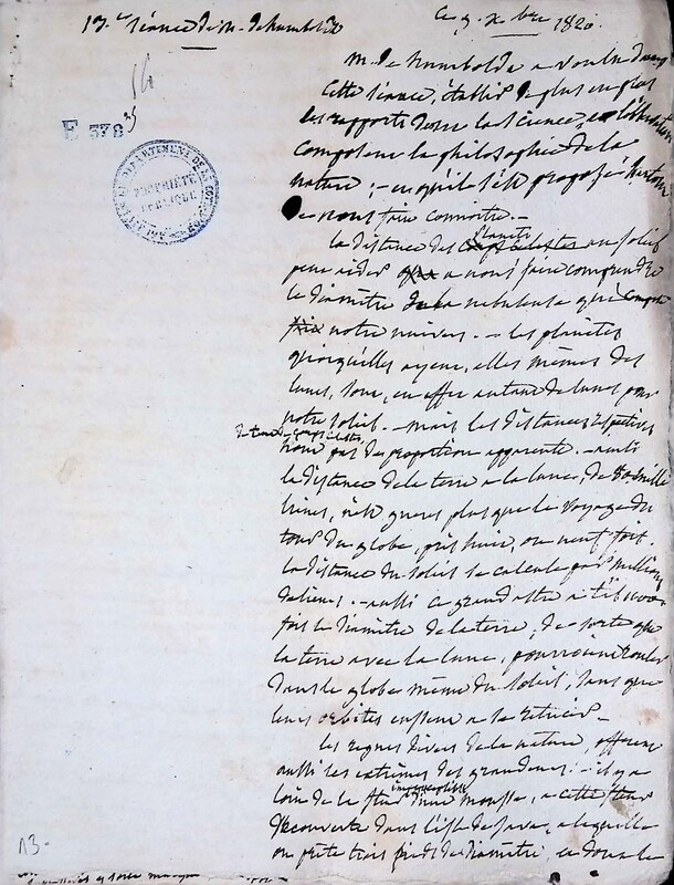 Cours privé de philosophie naturelle donné par Alexander von Humboldt ; 1820-1822