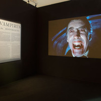 [Vue d'une salle de de l'exposition Vampires, de Buffy à Dracula avec une image de Christopher Lee dans son rôle de Dracula]