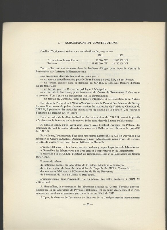 Rapport CNRS 1961-1962