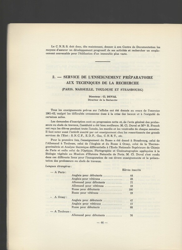 Rapport CNRS 1961-1962
