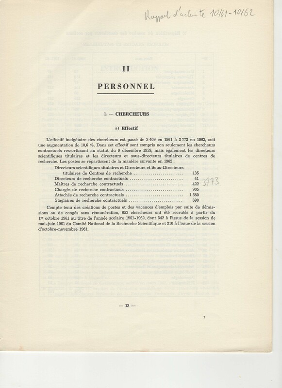 Rapport CNRS 1961-1962