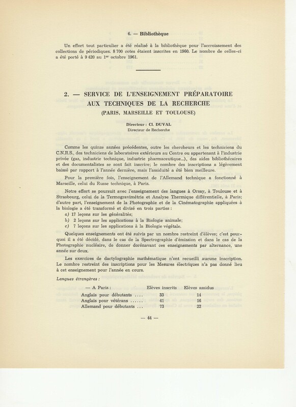 Rapport CNRS 1960-1961 Rapport CNRS 1960-1961