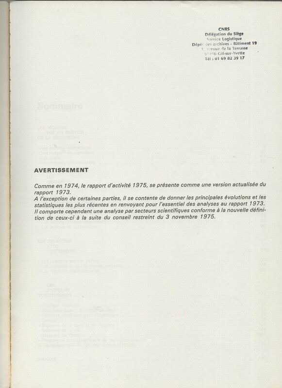 Rapport CNRS 1975 Rapport CNRS 1975