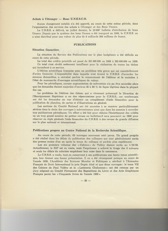 Rapport CNRS 1958-1959