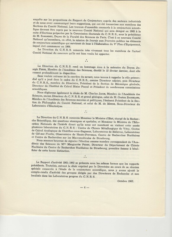 Rapport CNRS 1961-1962