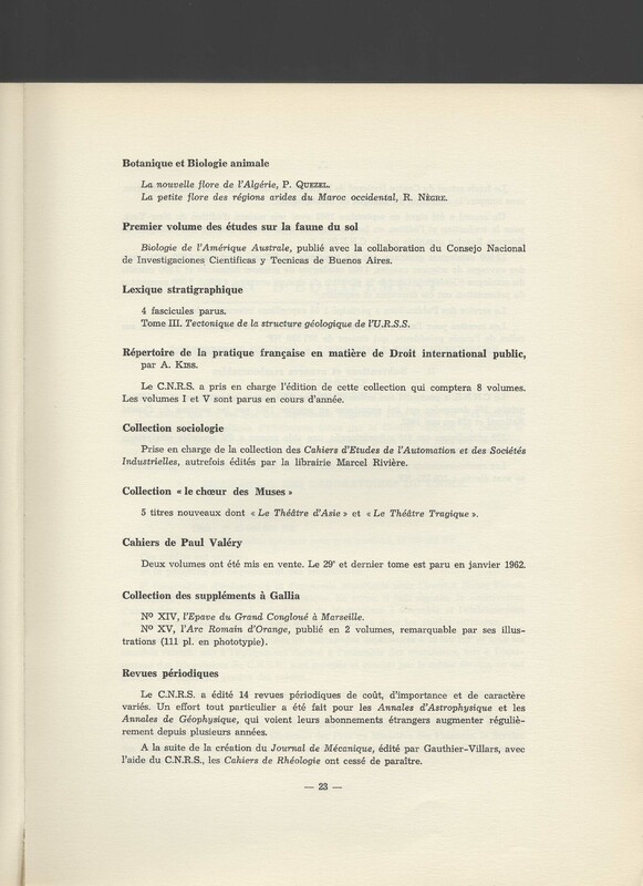 Rapport CNRS 1961-1962