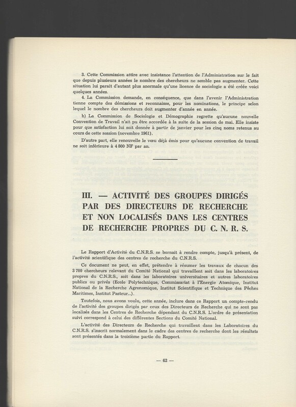 Rapport CNRS 1961-1962