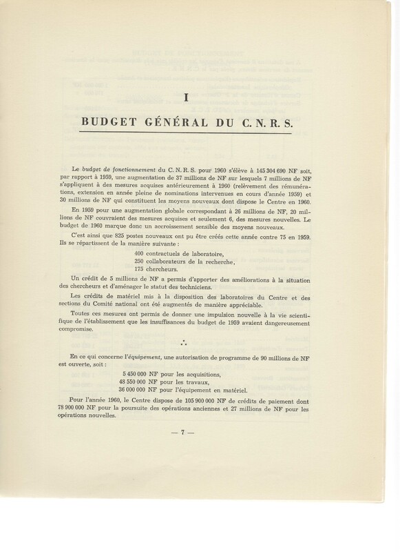 Rapport CNRS 1959-1960 Rapport CNRS 1959-1960