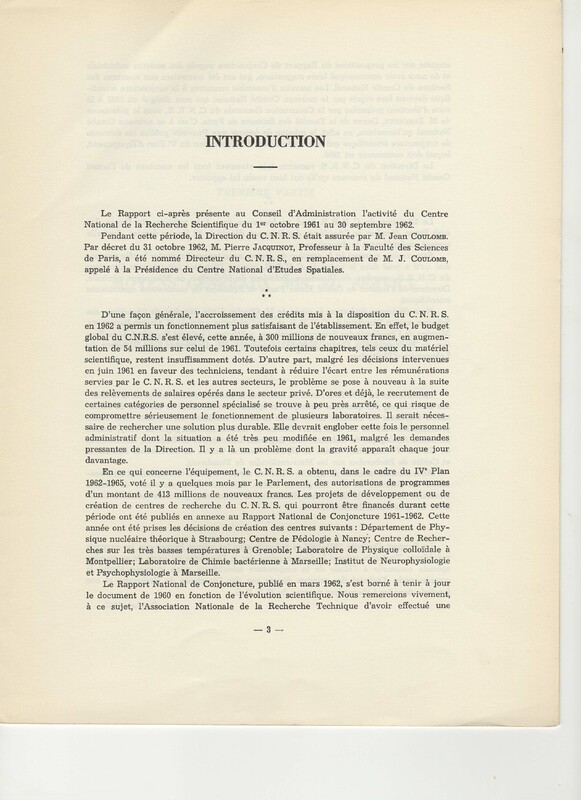 Rapport CNRS 1961-1962