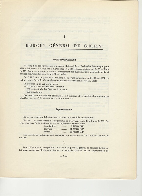 Rapport CNRS 1961-1962