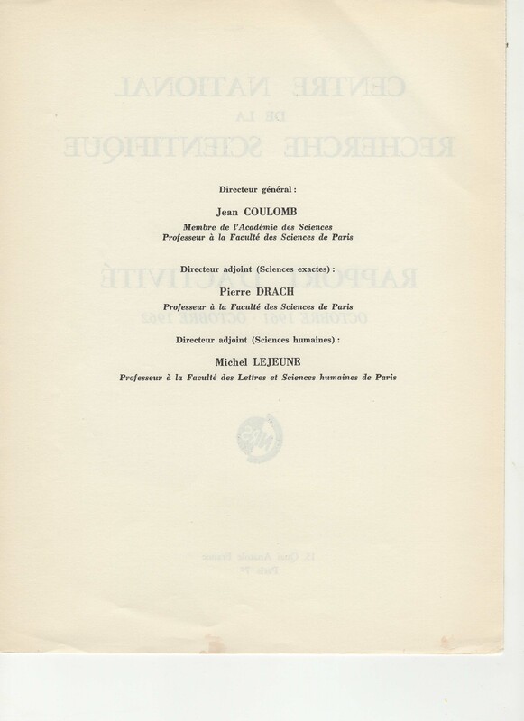 Rapport CNRS 1961-1962