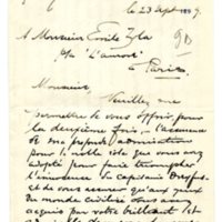 Lettre de Bentley M. Baumann à Émile Zola du 23 septembre 1899