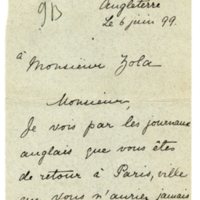 Lettre de Marie Bellin à Émile Zola du 6 juin 1899