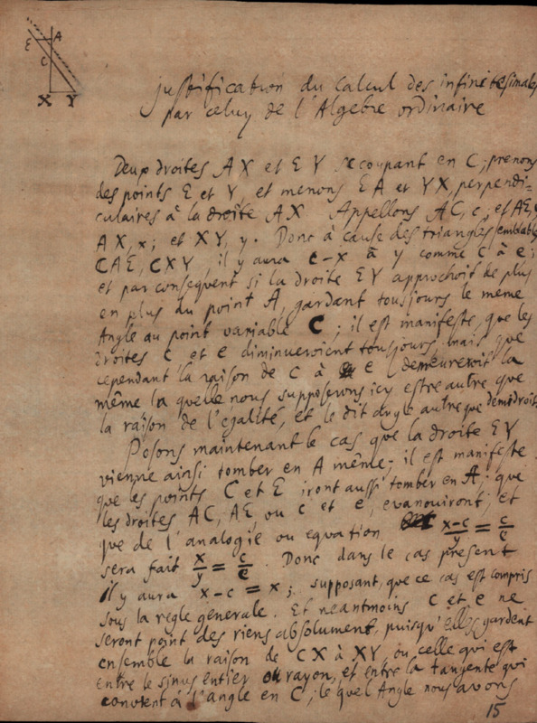 Justification du Calcul des infinitesimales par celuy de l’Algebre ordinaire - LBr 951 15r