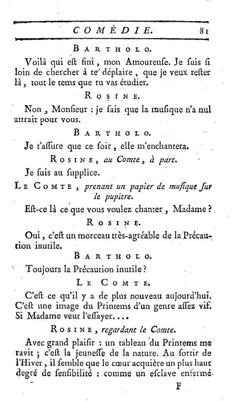 Barbier de Séville, ou la Précaution inutile (Le), comédie en quatre actes, par M. de Beaumarchais, représentée sur le théâtre de la Comédie Française le 23 février 1775 (avec une Lettre modérée sur la chute et la critique du Barbier de Séville)