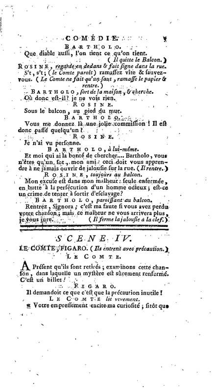 Barbier de Séville, ou la Précaution inutile (Le), comédie en quatre actes, par M. de Beaumarchais, représentée sur le théâtre de la Comédie Française le 23 février 1775 (avec une Lettre modérée sur la chute et la critique du Barbier de Séville)