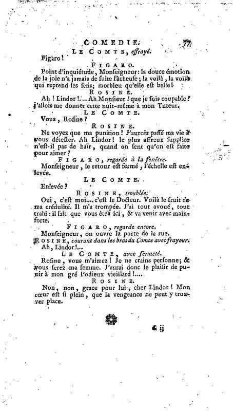 Barbier de Séville, ou la Précaution inutile (Le), comédie en quatre actes, par M. de Beaumarchais, représentée sur le théâtre de la Comédie Française le 23 février 1775 (avec une Lettre modérée sur la chute et la critique du Barbier de Séville)