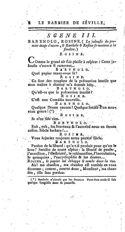 Barbier de Séville, ou la Précaution inutile (Le), comédie en quatre actes, par M. de Beaumarchais, représentée sur le théâtre de la Comédie Française le 23 février 1775 (avec une Lettre modérée sur la chute et la critique du Barbier de Séville)