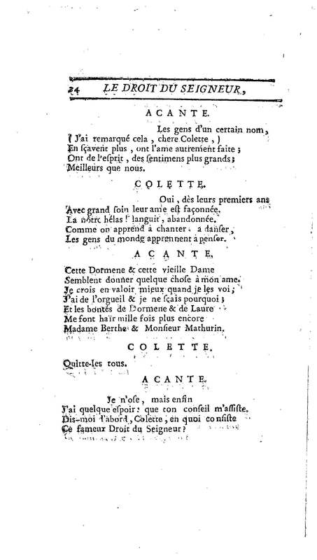 Droit du Seigneur (Le),comédie en vers par M. de Voltaire. Représentée pour la première fois, sous le titre de L'Écueil du sage, par les Comédiens françois ordinaires du Roi, le 18 janvier 1762,