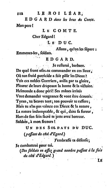 Roi Lear (Le), tragédie en cinq actes, par M. Ducis, représentée à Versailles le 16 janvier 1783 ; et à Paris, le 26 du même mois, par les Comédiens français