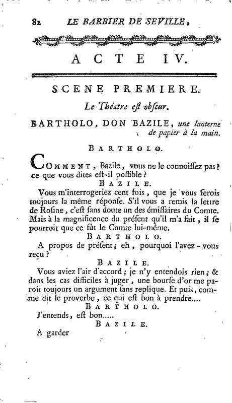 Barbier de Séville, ou la Précaution inutile (Le ), comédie en quatre actes, par M. de Beaumarchais, représentée sur le théâtre de la Comédie Française le 23 février 1775 (avec une Lettre modérée sur la chute et la critique du Barbier de Séville)