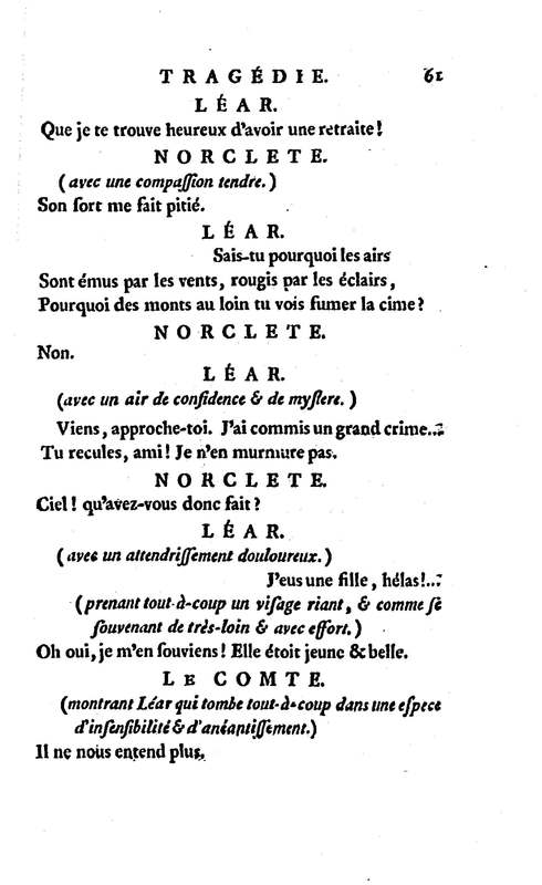 Roi Lear (Le), tragédie en cinq actes, par M. Ducis, représentée à Versailles le 16 janvier 1783 ; et à Paris, le 26 du même mois, par les Comédiens français Roi Lear (Le), tragédie en cinq actes, par M. Ducis, représentée à Versailles le 16 janvier 1783 ; et à Paris, le 26 du même mois, par les Comédiens français