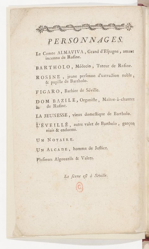 Barbier de Séville, ou la Précaution inutile (Le), comédie en quatre actes, par M. de Beaumarchais, représentée sur le théâtre de la Comédie Française le 23 février 1775 (avec une Lettre modérée sur la chute et la critique du Barbier de Séville)