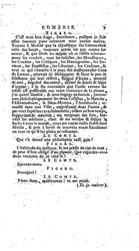 Barbier de Séville, ou la Précaution inutile (Le), comédie en quatre actes, par M. de Beaumarchais, représentée sur le théâtre de la Comédie Française le 23 février 1775 (avec une Lettre modérée sur la chute et la critique du Barbier de Séville)