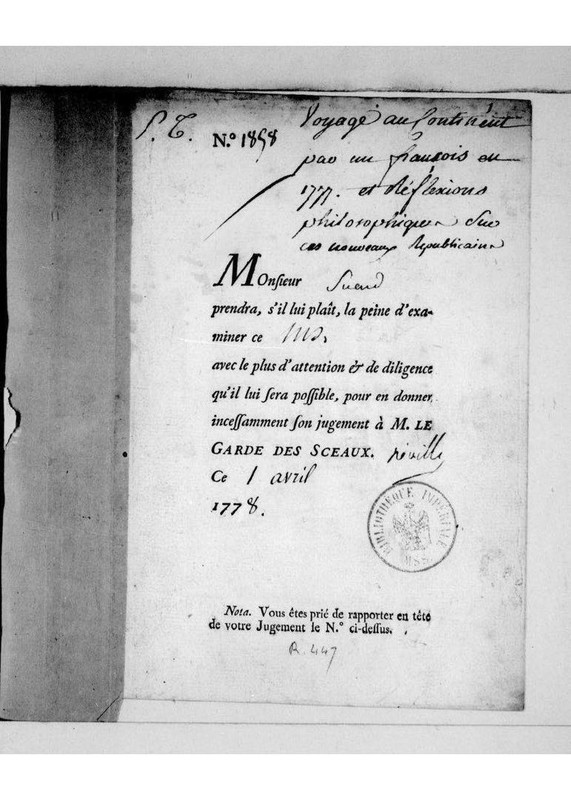 Voyage au continent américain par un Français en 1777, et Réflexions philosophiques sur ces nouveaux républicains