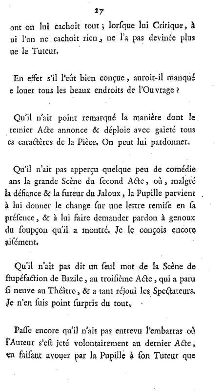 Barbier de Séville, ou la Précaution inutile (Le), comédie en quatre actes, par M. de Beaumarchais, représentée sur le théâtre de la Comédie Française le 23 février 1775 (avec une Lettre modérée sur la chute et la critique du Barbier de Séville)