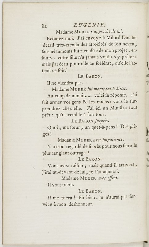 Eugénie, drame en cinq actes en prose, enrichi de figures en taille-douce ; avec un Essai sur le drame sérieux Eugénie, drame en cinq actes en prose, enrichi de figures en taille-douce ; avec un Essai sur le drame sérieux