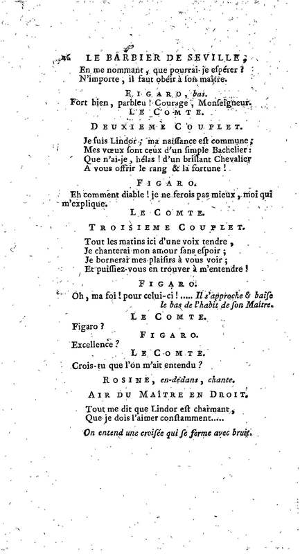 Barbier de Séville, ou la Précaution inutile (Le), comédie en quatre actes, par M. de Beaumarchais, représentée sur le théâtre de la Comédie Française le 23 février 1775 (avec une Lettre modérée sur la chute et la critique du Barbier de Séville)