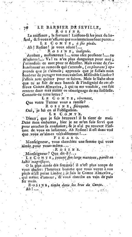 Barbier de Séville, ou la Précaution inutile (Le), comédie en quatre actes, par M. de Beaumarchais, représentée sur le théâtre de la Comédie Française le 23 février 1775 (avec une Lettre modérée sur la chute et la critique du Barbier de Séville)