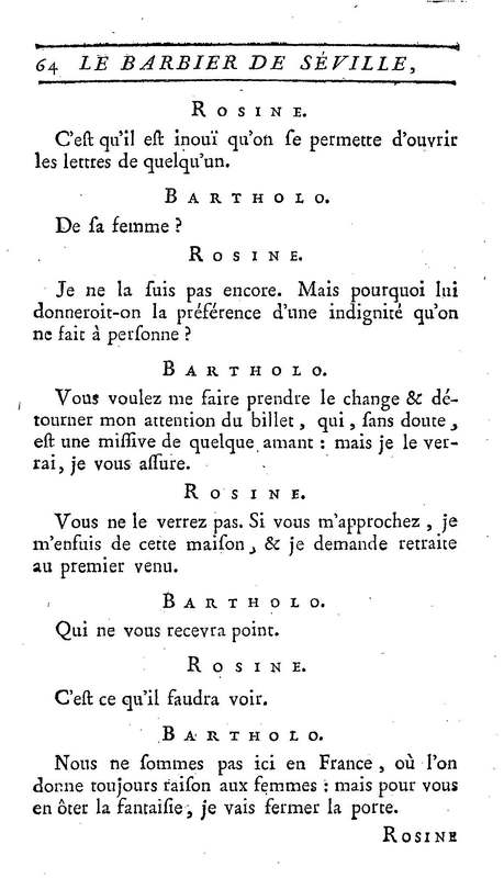Barbier de Séville, ou la Précaution inutile (Le), comédie en quatre actes, par M. de Beaumarchais, représentée sur le théâtre de la Comédie Française le 23 février 1775 (avec une Lettre modérée sur la chute et la critique du Barbier de Séville)