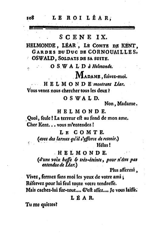 Roi Lear (Le), tragédie en cinq actes, par M. Ducis, représentée à Versailles le 16 janvier 1783 ; et à Paris, le 26 du même mois, par les Comédiens français Roi Lear (Le), tragédie en cinq actes, par M. Ducis, représentée à Versailles le 16 janvier 1783 ; et à Paris, le 26 du même mois, par les Comédiens français