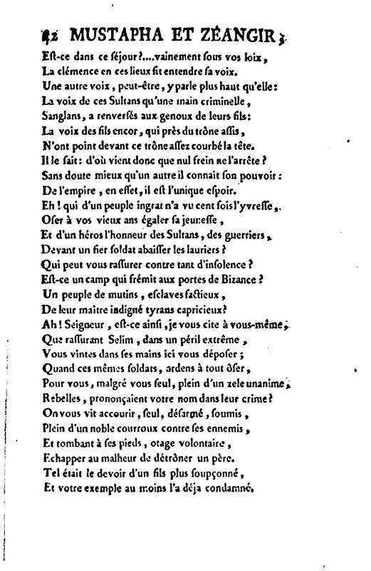 Mustapha et Zéangir, tragédie en cinq actes et en vers, représentée sur le théâtre de Fontainebleau, devant Leurs Majestés, le 1er novembre 1776 Mustapha et Zéangir, tragédie en cinq actes et en vers, représentée sur le théâtre de Fontainebleau, devant Leurs Majestés, le 1er novembre 1776