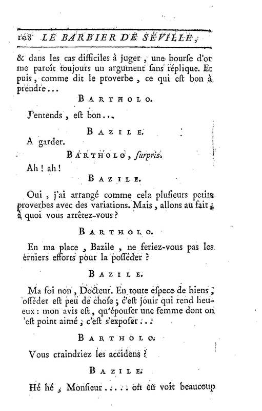 Barbier de Séville, ou la Précaution inutile (Le), comédie en quatre actes, par M. de Beaumarchais, représentée sur le théâtre de la Comédie Française le 23 février 1775 (avec une Lettre modérée sur la chute et la critique du Barbier de Séville)
