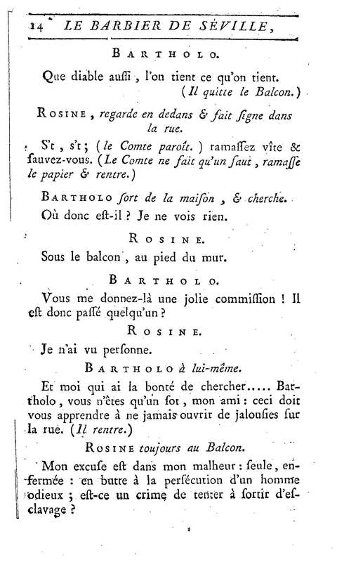 Barbier de Séville, ou la Précaution inutile (Le), comédie en quatre actes, par M. de Beaumarchais, représentée sur le théâtre de la Comédie Française le 23 février 1775 (avec une Lettre modérée sur la chute et la critique du Barbier de Séville)