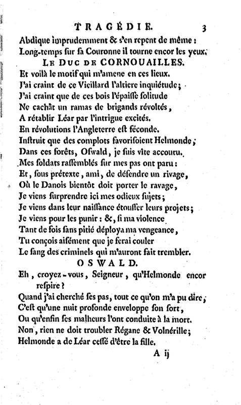 Roi Lear (Le), tragédie en cinq actes, par M. Ducis, représentée à Versailles le 16 janvier 1783 ; et à Paris, le 26 du même mois, par les Comédiens français Roi Lear (Le), tragédie en cinq actes, par M. Ducis, représentée à Versailles le 16 janvier 1783 ; et à Paris, le 26 du même mois, par les Comédiens français