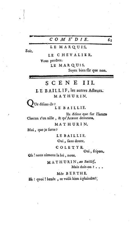 Droit du Seigneur (Le),comédie en vers par M. de Voltaire. Représentée pour la première fois, sous le titre de L'Écueil du sage, par les Comédiens françois ordinaires du Roi, le 18 janvier 1762,