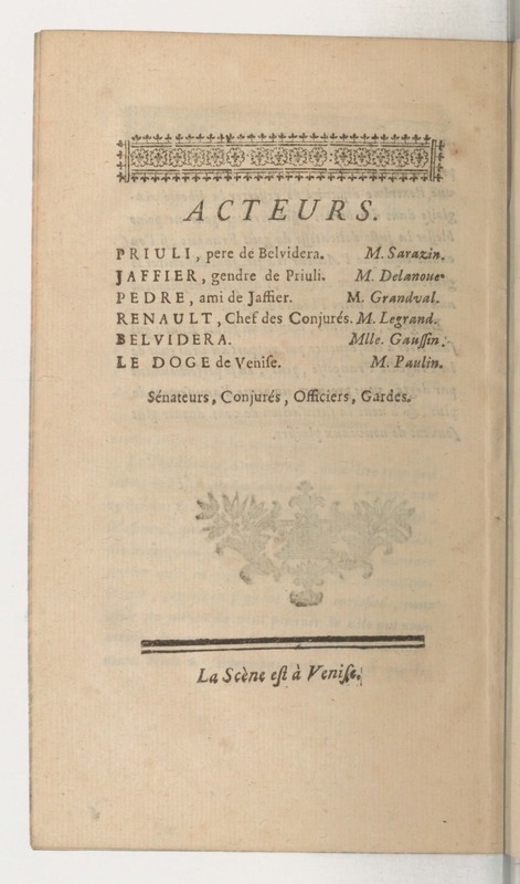 Venise sauvée, tragedie. Représentée par les Comédiens françois, le 5 décembre 1746… [Seconde édition]