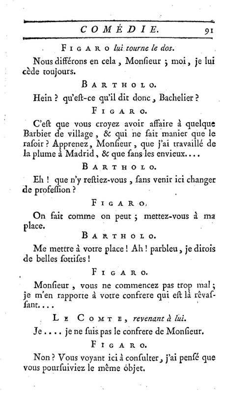 Barbier de Séville, ou la Précaution inutile (Le), comédie en quatre actes, par M. de Beaumarchais, représentée sur le théâtre de la Comédie Française le 23 février 1775 (avec une Lettre modérée sur la chute et la critique du Barbier de Séville)