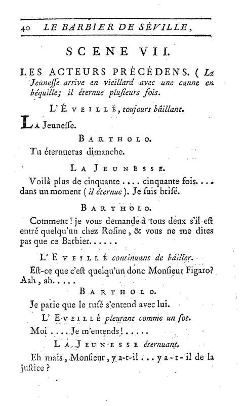 Barbier de Séville, ou la Précaution inutile (Le), comédie en quatre actes, par M. de Beaumarchais, représentée sur le théâtre de la Comédie Française le 23 février 1775 (avec une Lettre modérée sur la chute et la critique du Barbier de Séville)