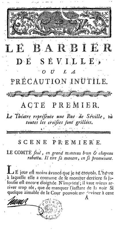 Barbier de Séville, ou la Précaution inutile (Le ), comédie en quatre actes, par M. de Beaumarchais, représentée sur le théâtre de la Comédie Française le 23 février 1775 (avec une Lettre modérée sur la chute et la critique du Barbier de Séville)